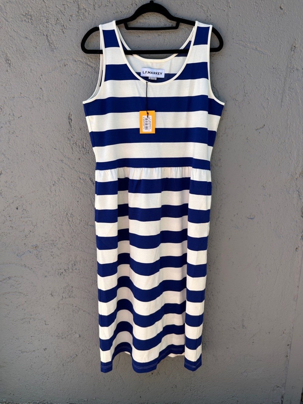 LF Markey Navy and White Striped Sleeveless Midi Dress